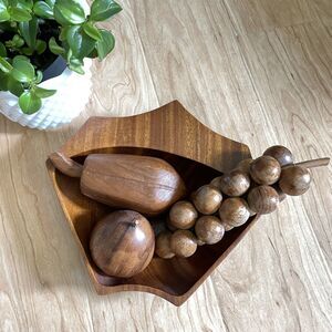 Vtg Hand Carved Monkey Pod Wood MCM Fruit Bowl With Wood Fruit Philippines